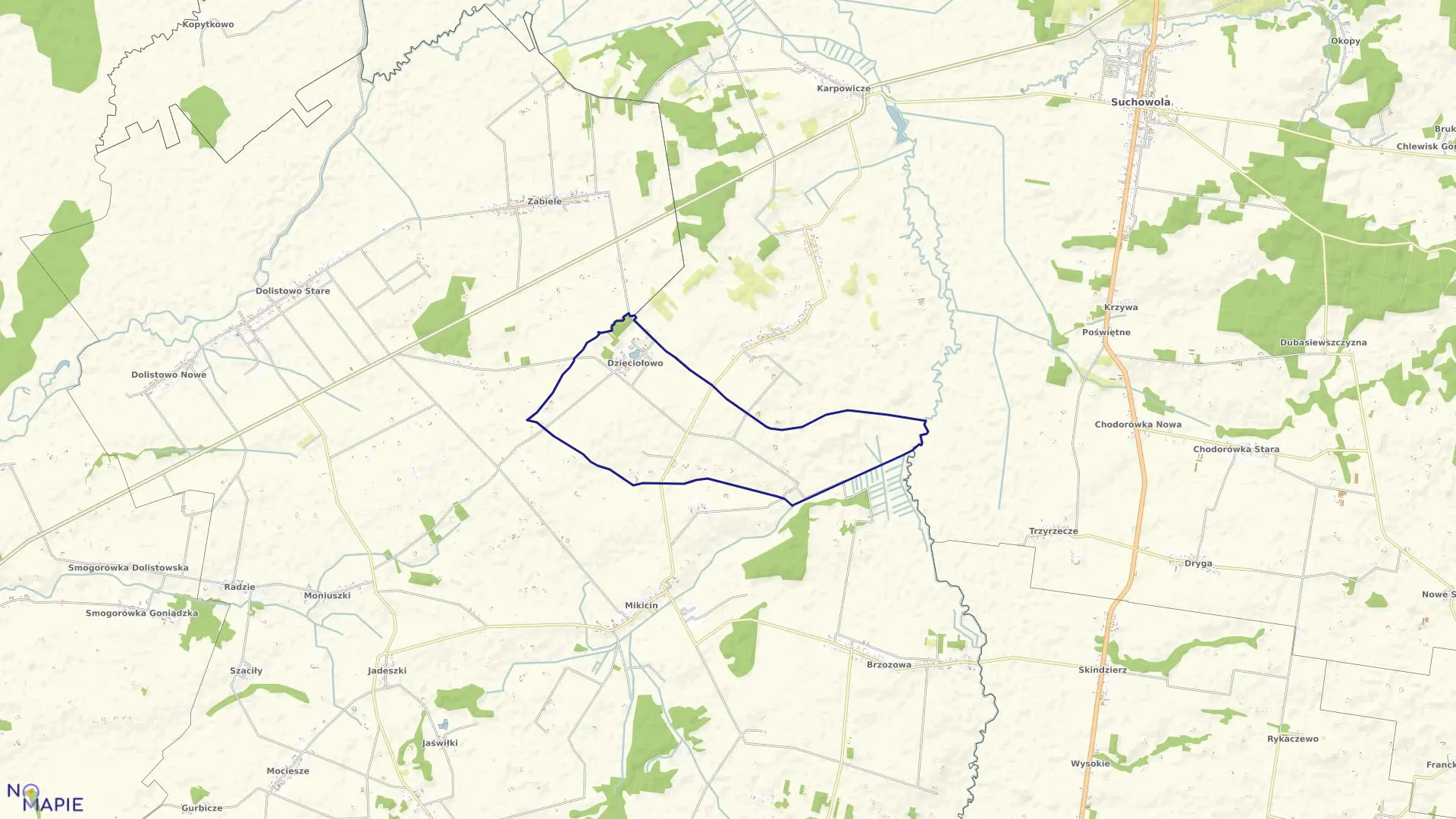 Mapa obrębu DZIĘCIOŁOWO w gminie Jaświły